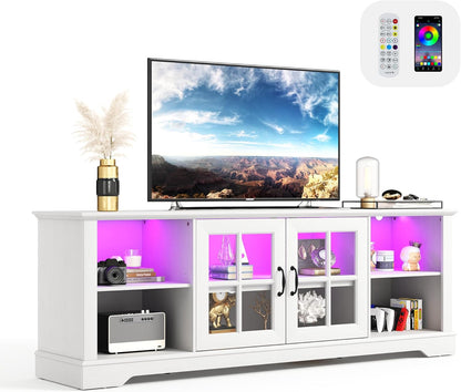 Kệ TV với đèn LED, cửa kính và tủ, phong cách hiện đại cho phòng khách (màu trắng)