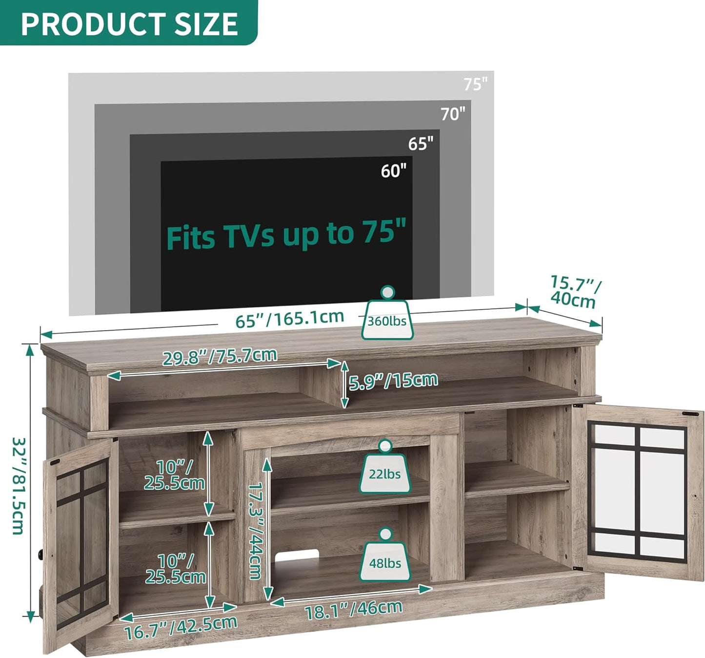 Kệ TV với đèn LED, kệ điều chỉnh, cửa kính, thiết kế trung cổ hiện đại (màu xám nhạt)